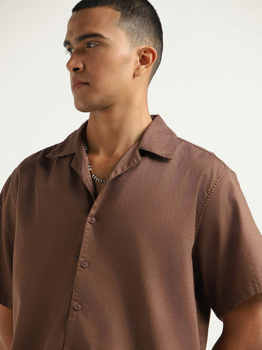ETA Brown Solid Cotton Relaxed Fit Shirt