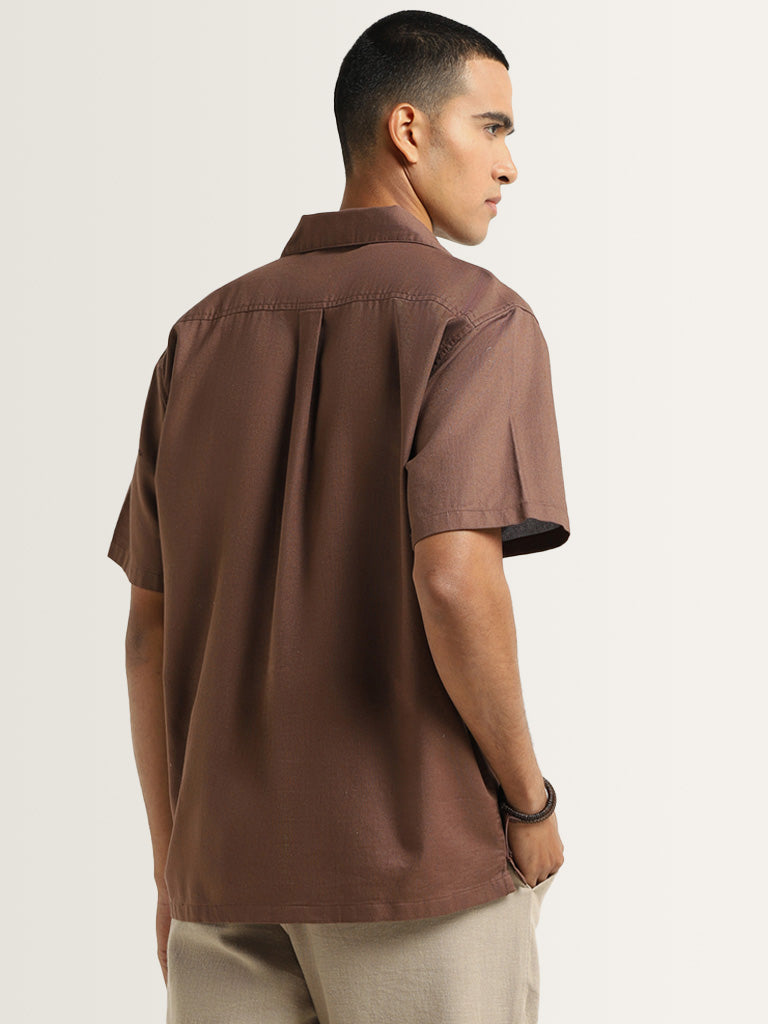 ETA Brown Solid Cotton Relaxed Fit Shirt