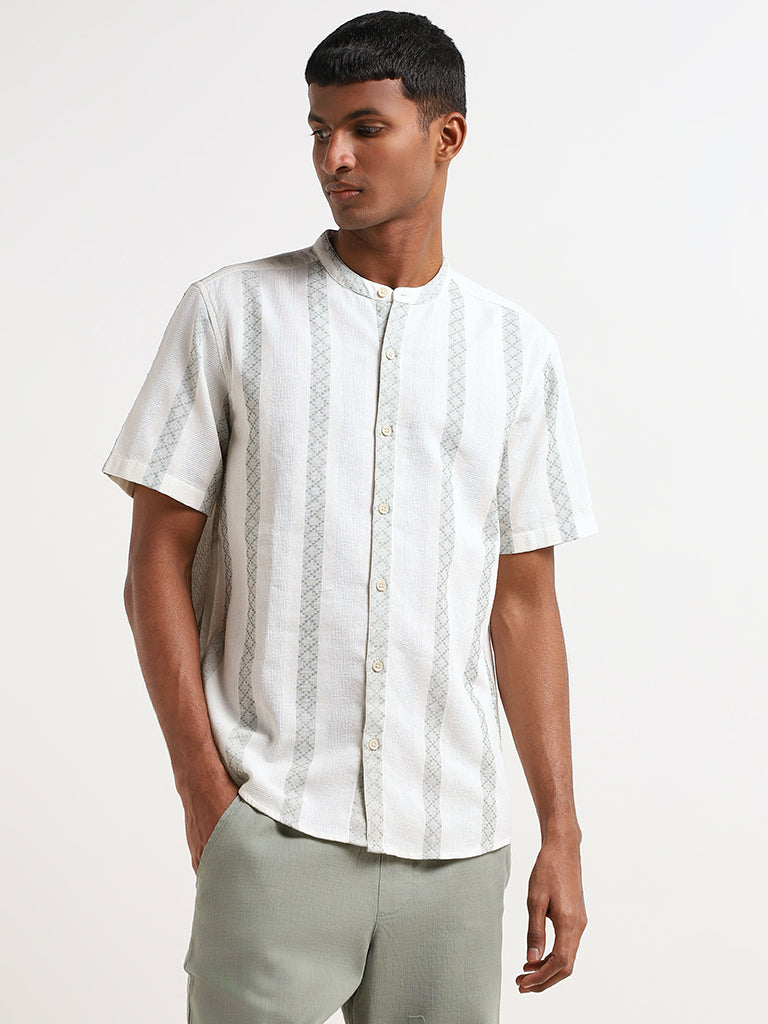 ETA Off-White Textured Grandad Cotton Resort Fit Shirt