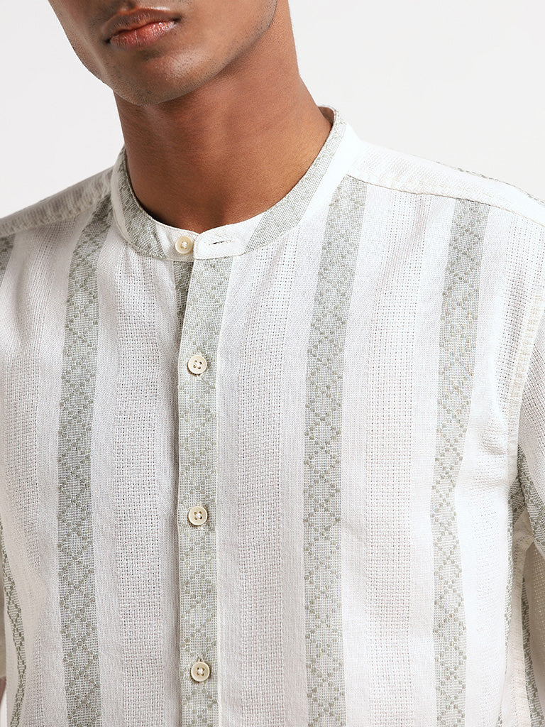 ETA Off-White Textured Grandad Cotton Resort Fit Shirt
