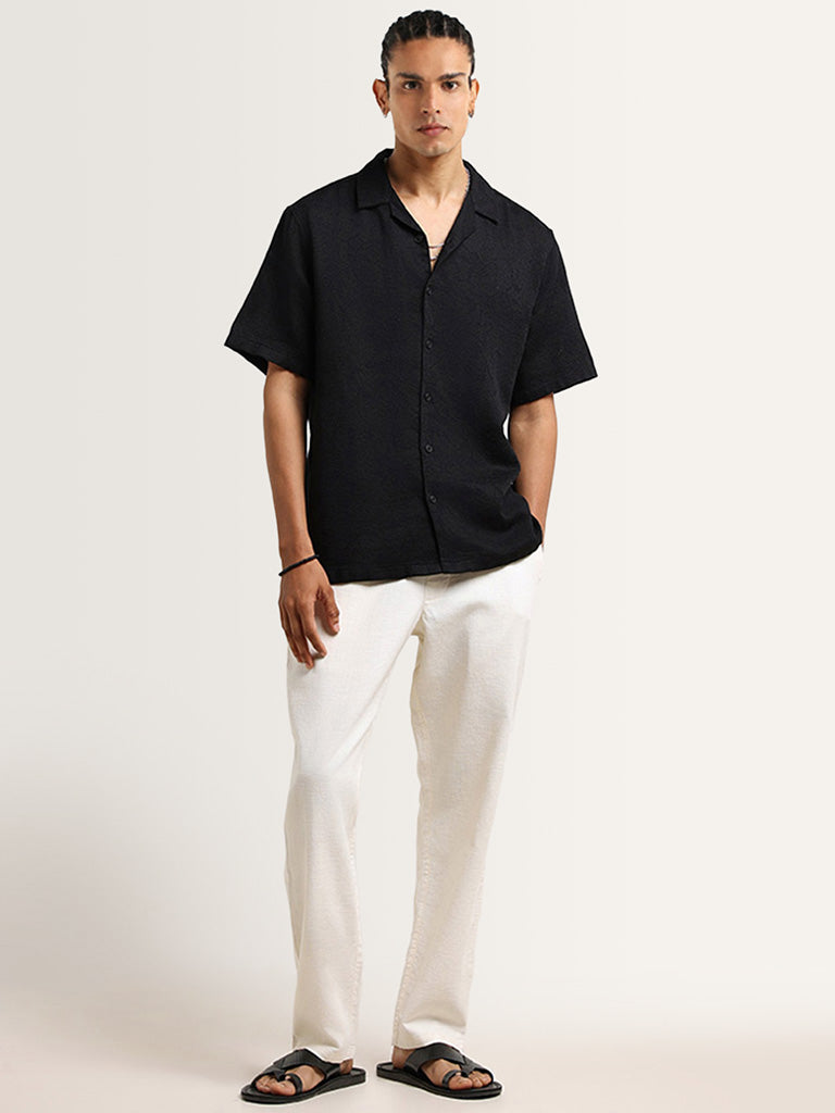 ETA Black Self-Patterned Cotton Relaxed Fit Shirt