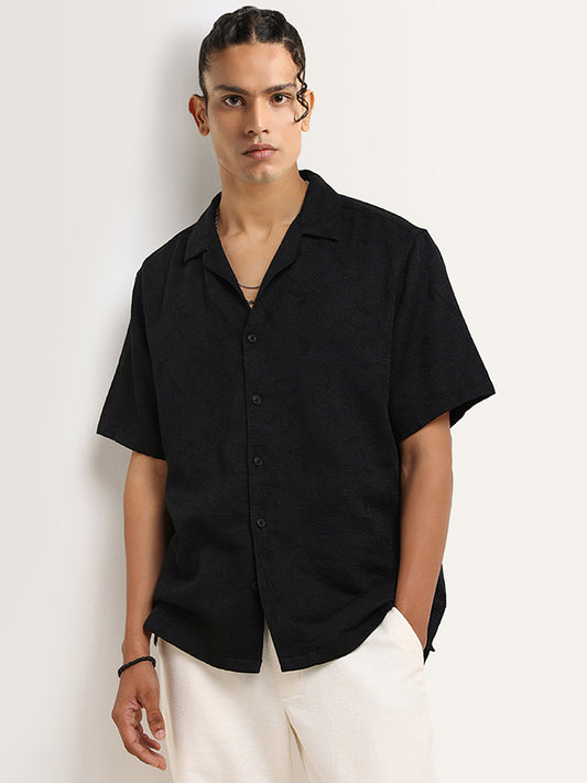 ETA Black Self-Patterned Cotton Relaxed Fit Shirt