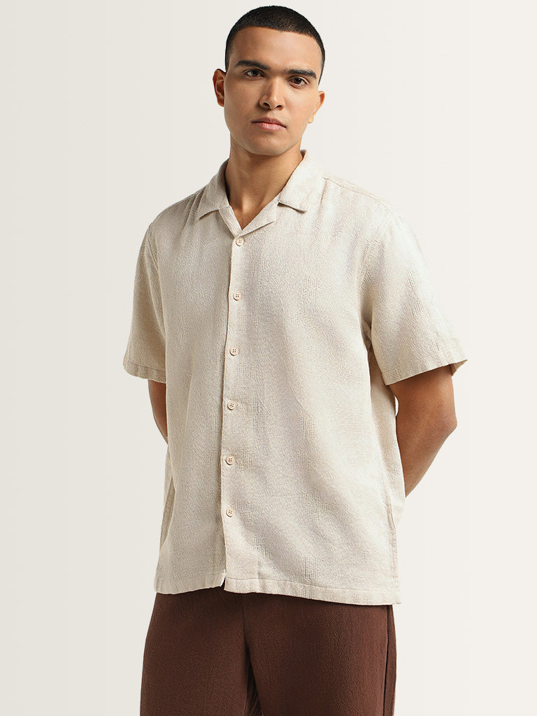 ETA Beige Self-Patterned Cotton Relaxed Fit Shirt