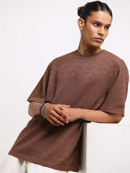 ETA Brown Textured Cotton Relaxed Fit T-Shirt