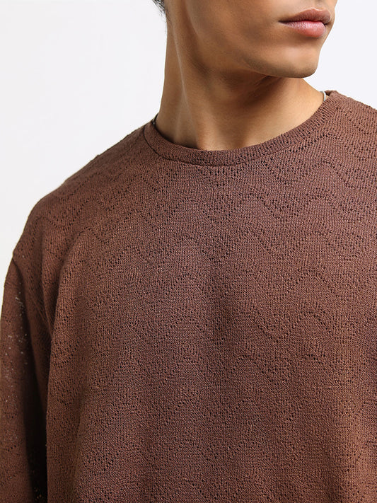 ETA Brown Textured Cotton Relaxed Fit T-Shirt