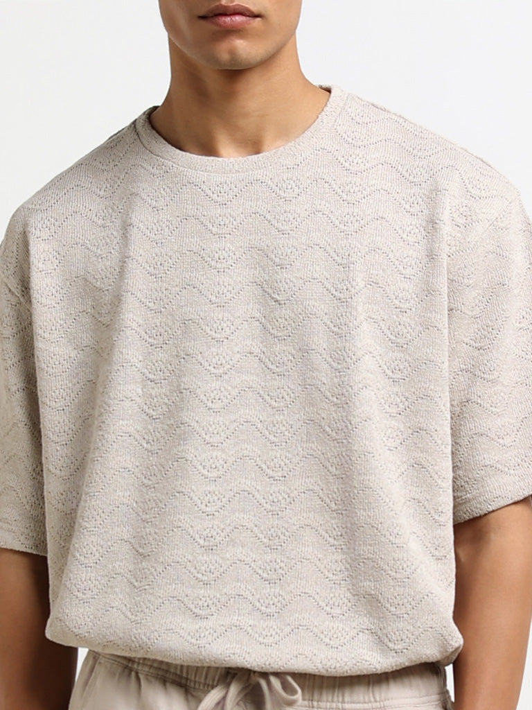 ETA Grey Textured Cotton Relaxed Fit T-Shirt
