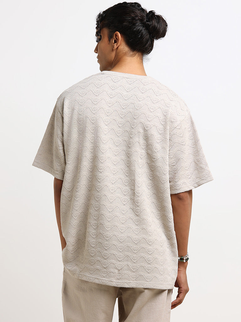 ETA Grey Textured Cotton Relaxed Fit T-Shirt