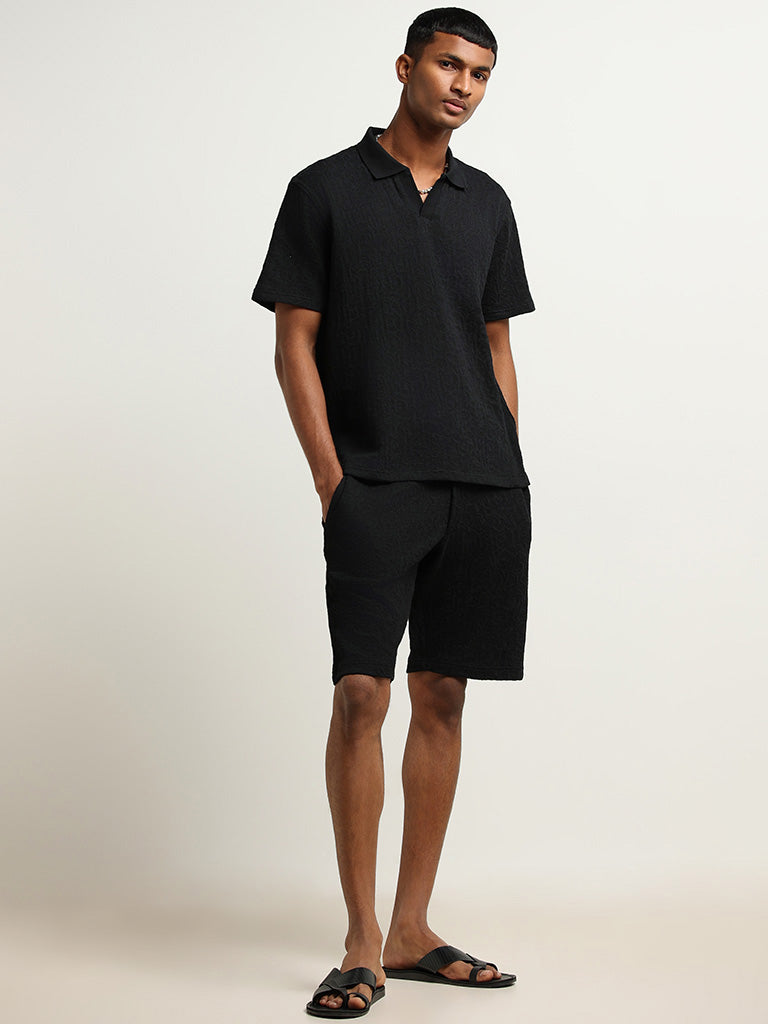 ETA Black Slim Fit Textured Polo T-Shirt