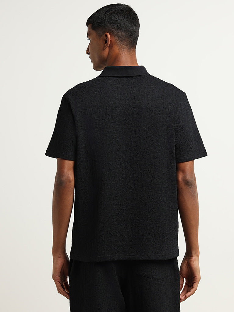 ETA Black Slim Fit Textured Polo T-Shirt