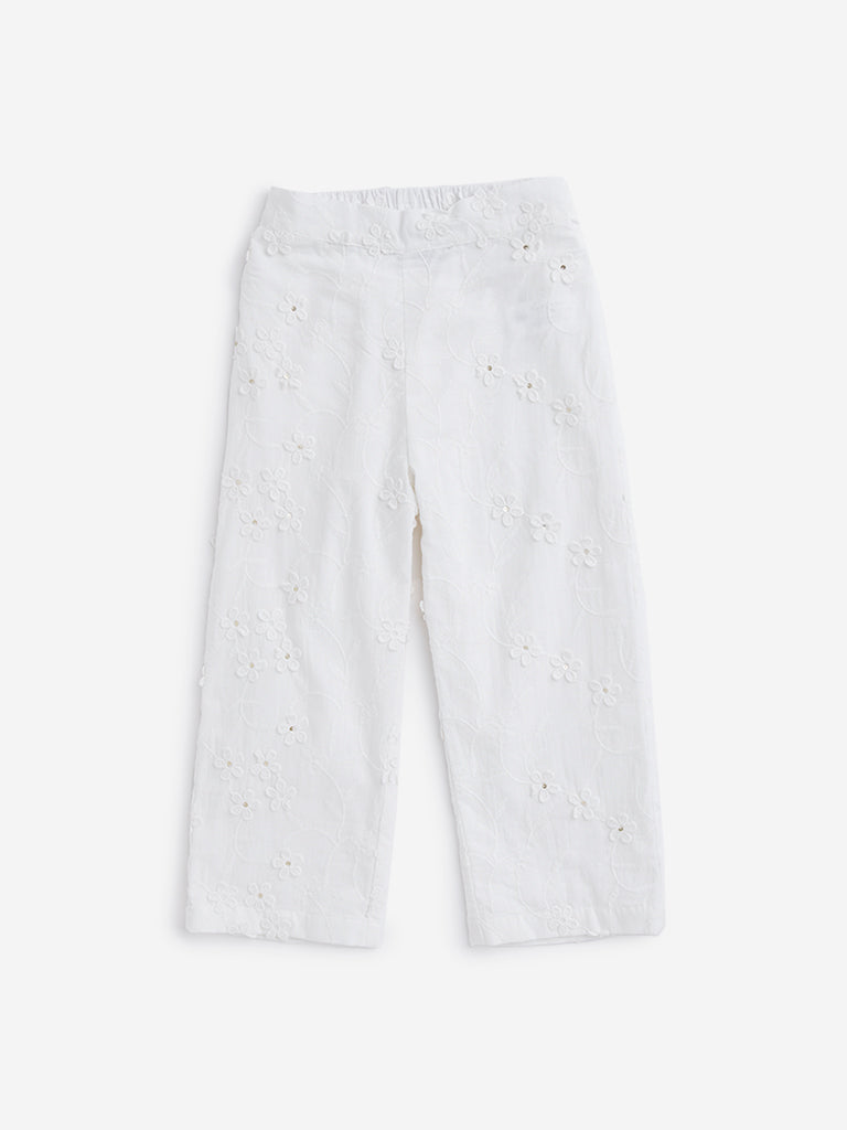 HOP Kids White Floral Embroidered Pants