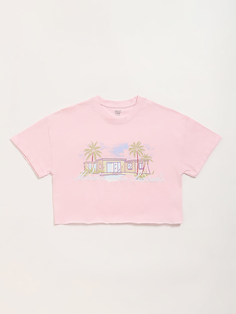 Y&F Kids Pink Printed Crop T-Shirt
