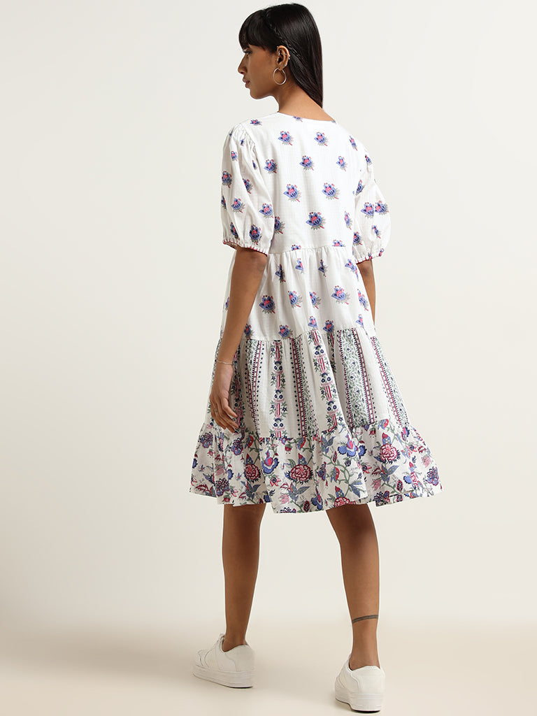 Bombay Paisley White Cotton Tiered A line Dress