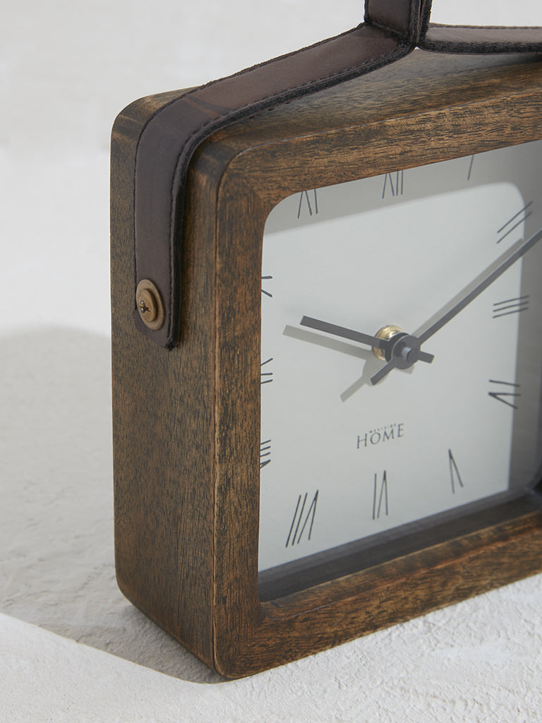 Westside Home Brown Wooden Clock with Leather Handle