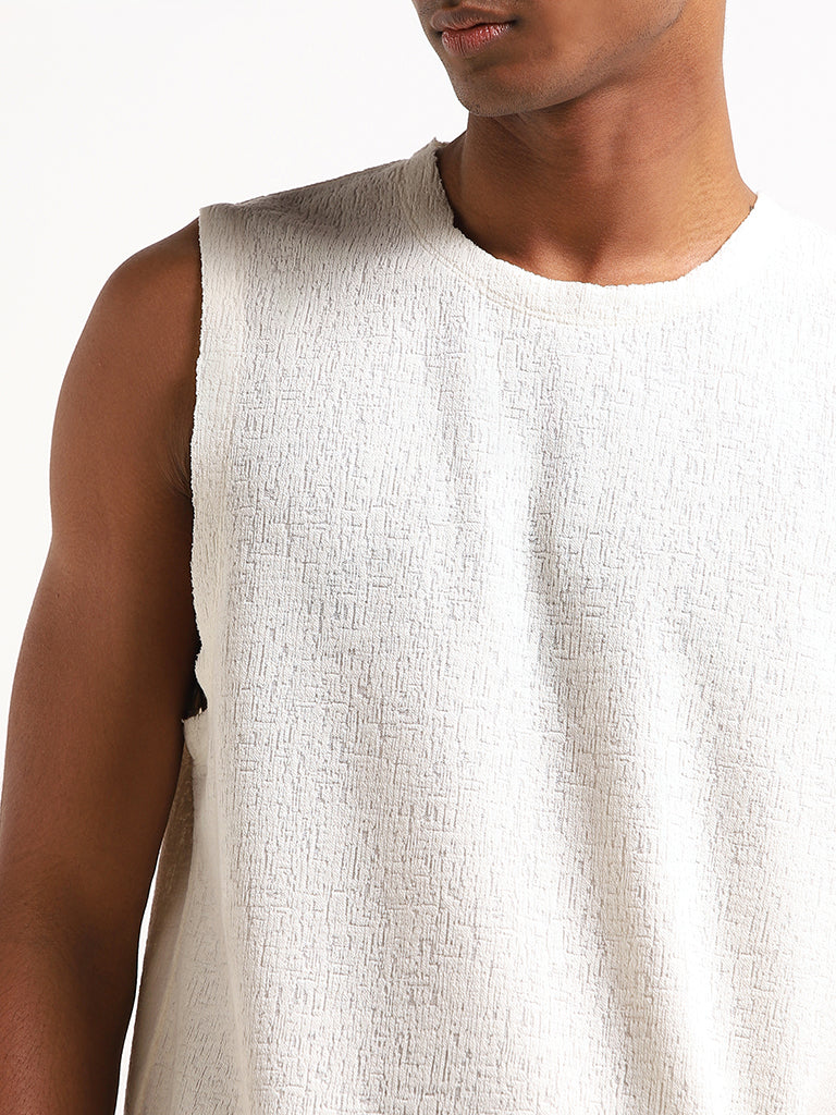 Nuon Off-White Relaxed Fit Marble Textured Cotton Blend Vest