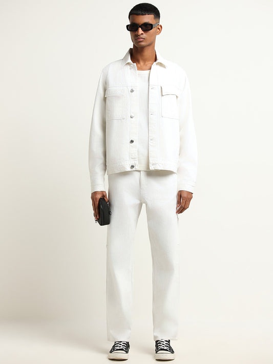 Nuon White Solid Relaxed Fit Denim Jacket