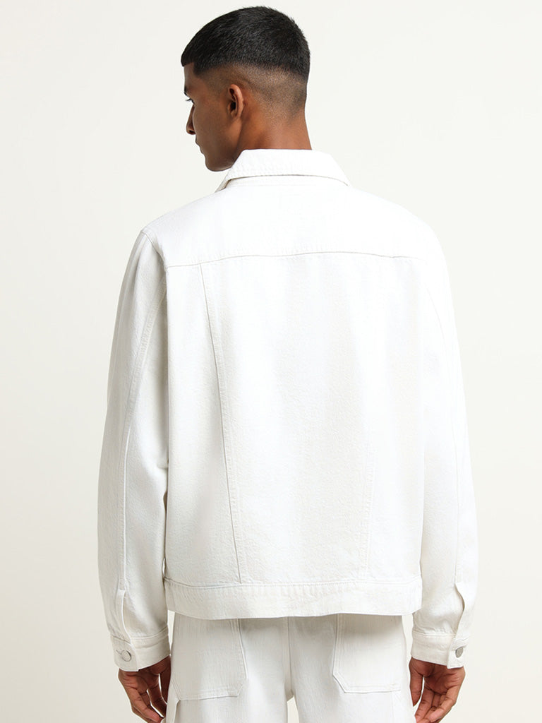 Nuon White Solid Relaxed Fit Denim Jacket