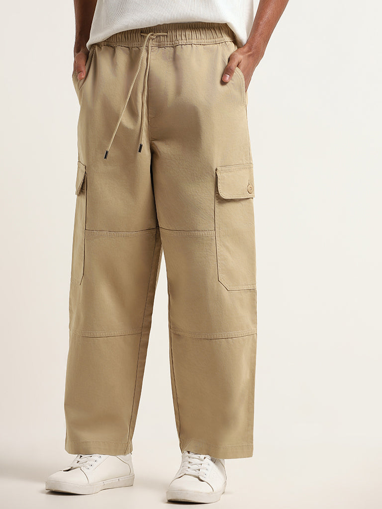 Nuon Beige Cotton Blend Loose-Fit Mid-Rise Cargo Pants