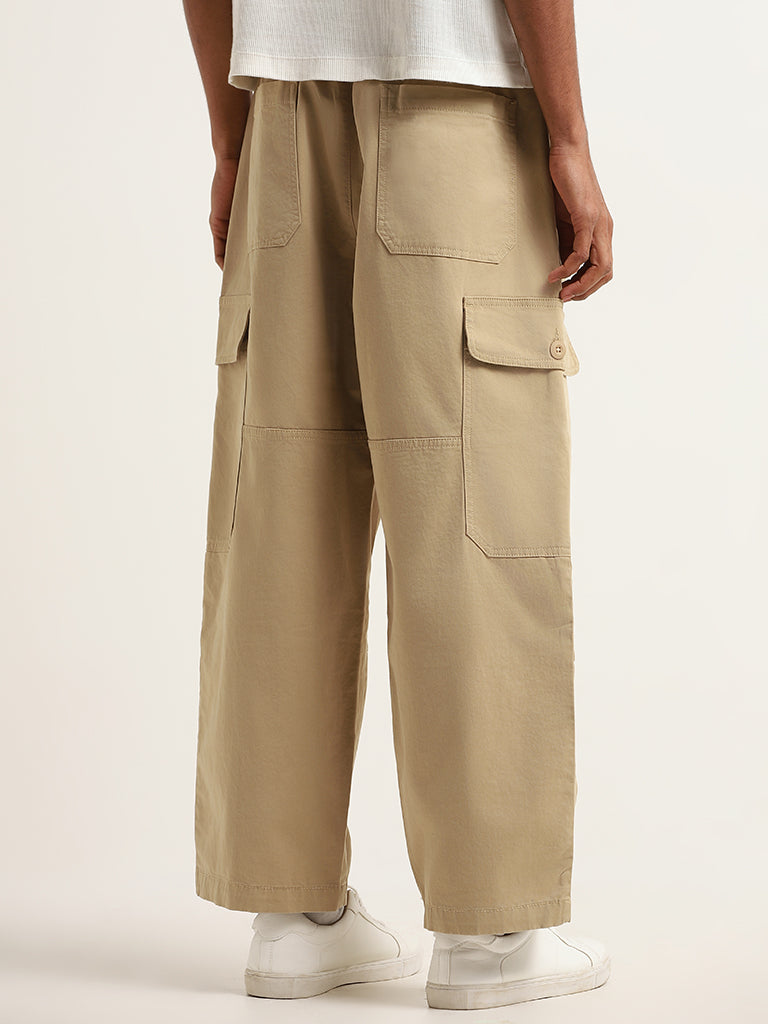 Nuon Beige Cotton Blend Loose-Fit Mid-Rise Cargo Pants