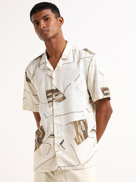 Nuon Off-White Abstract-Print Relaxed Fit Blended Linen Shirt