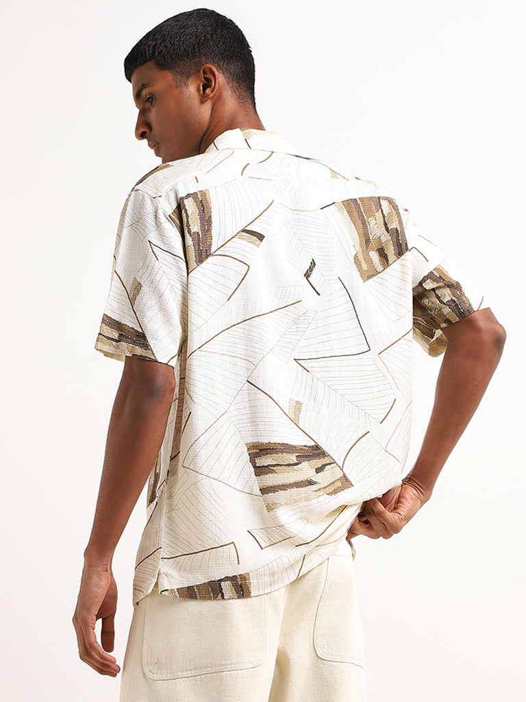 Nuon Off-White Abstract-Print Relaxed Fit Blended Linen Shirt