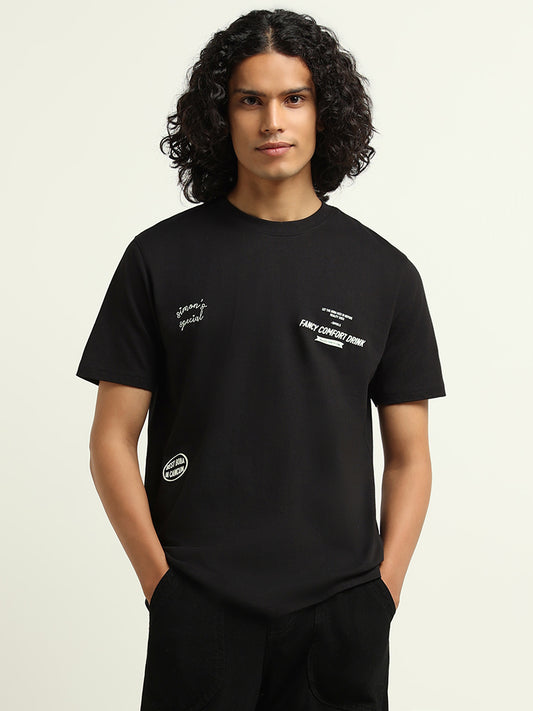 Nuon Black Printed Relaxed Fit T-Shirt