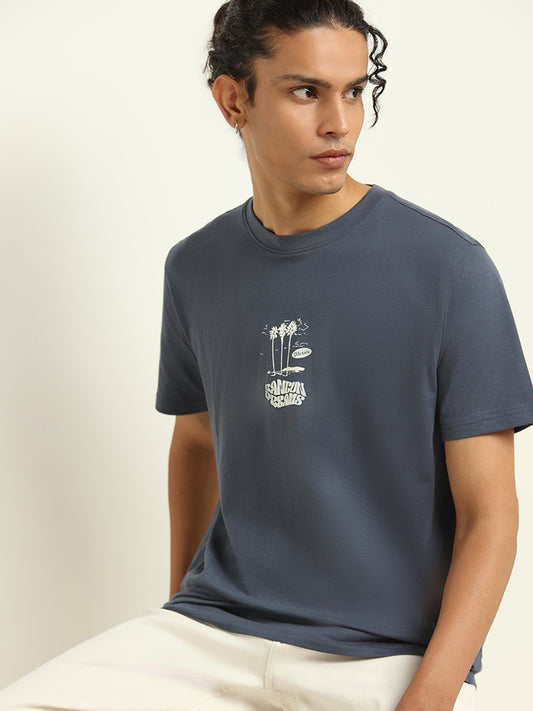 Nuon Dull Blue Printed Relaxed Fit T-Shirt