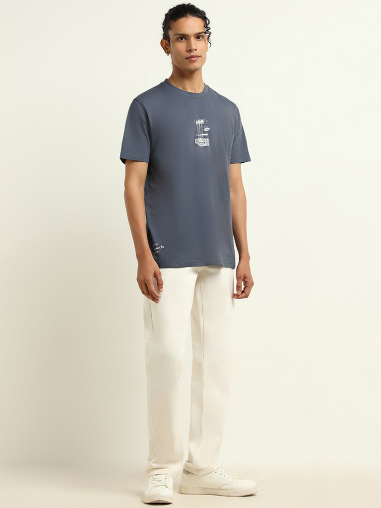 Nuon Dull Blue Printed Cotton Relaxed Fit T-Shirt