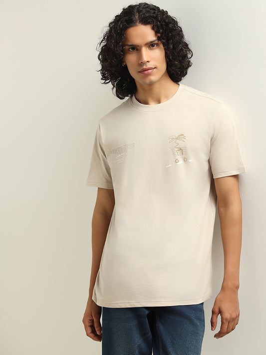 Nuon Beige Printed Relaxed Fit T-Shirt