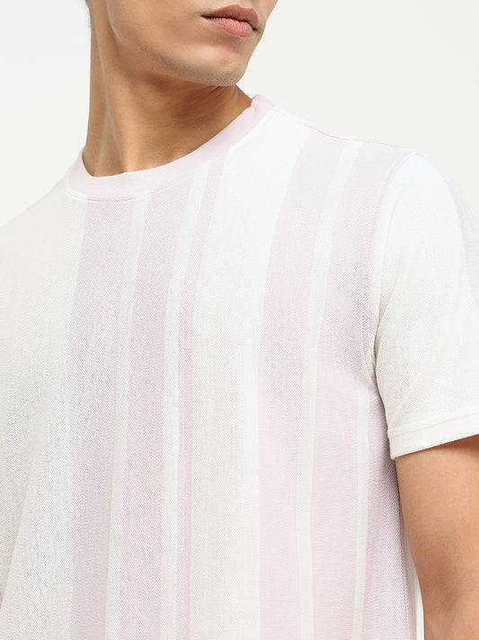 Nuon Lavender Striped Cotton Blend Slim Fit T-Shirt