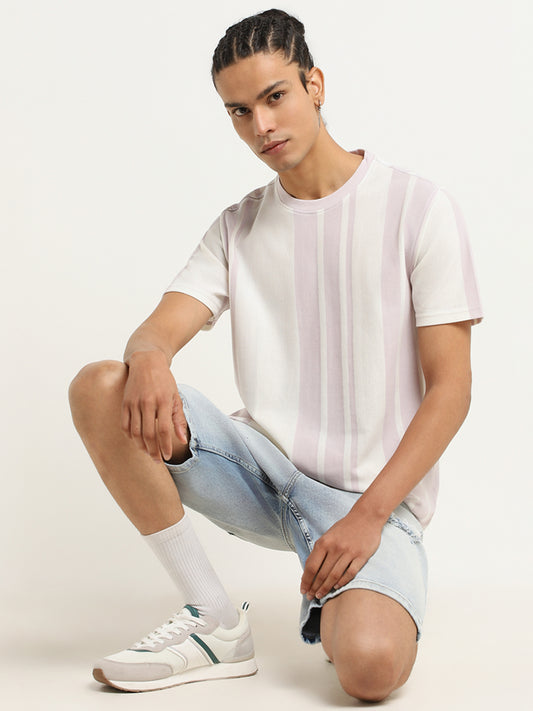 Nuon Lavender Striped Cotton Blend Slim Fit T-Shirt