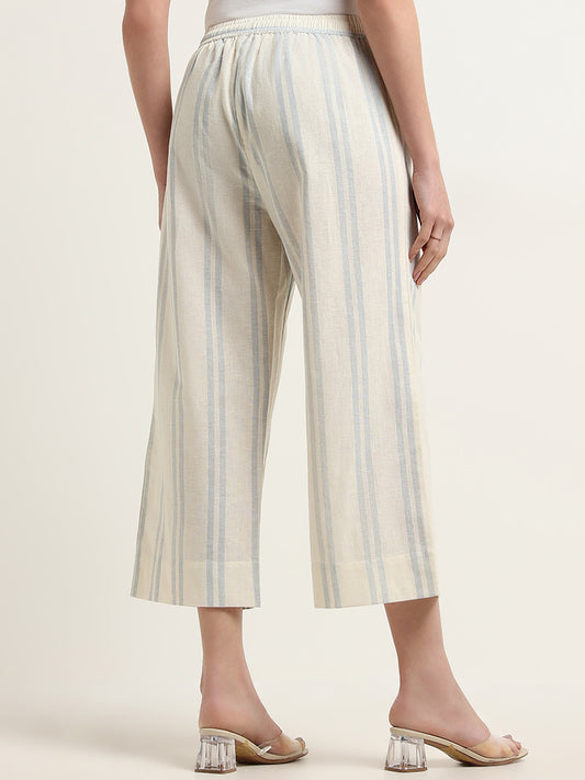 Zuba Off-White Mid-Rise Striped Blended Linen Pants