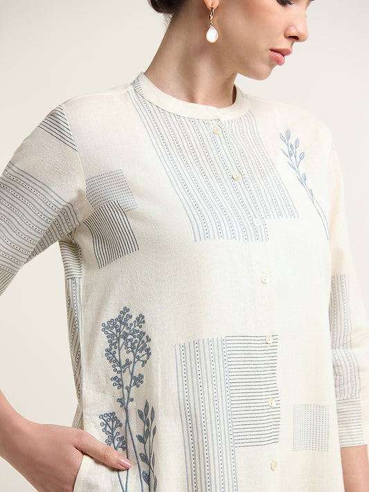 Zuba Off-White Embroidered Button-Down Blended Linen Kurta