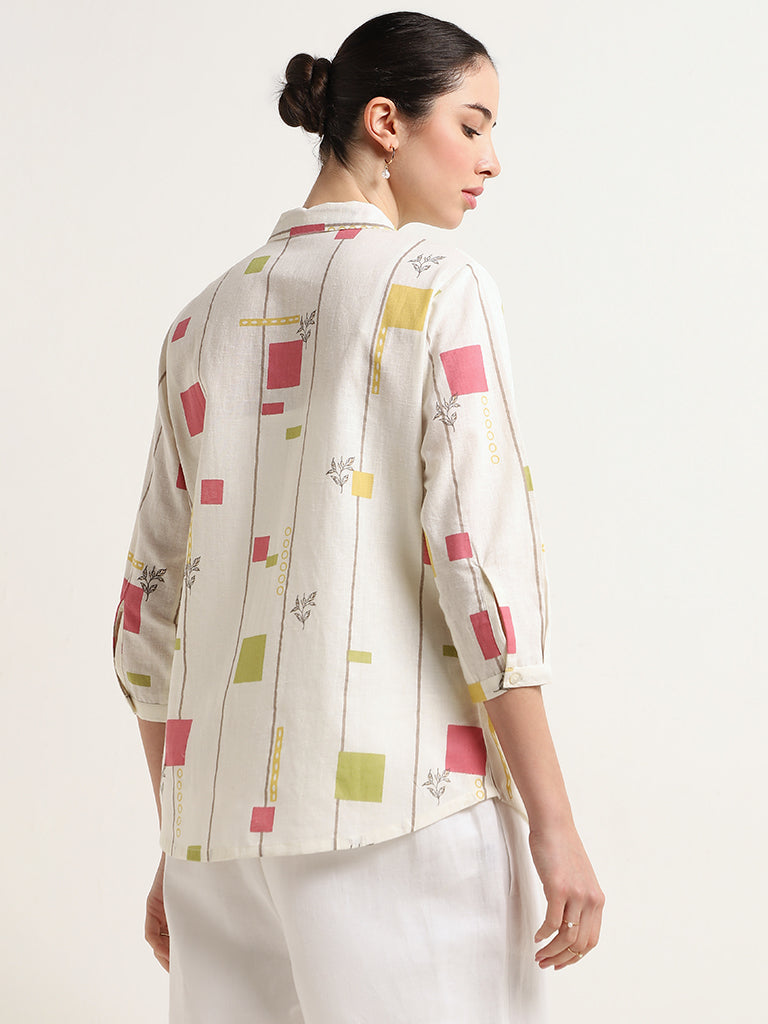 Zuba White Geometric Printed Blended Linen Tunic