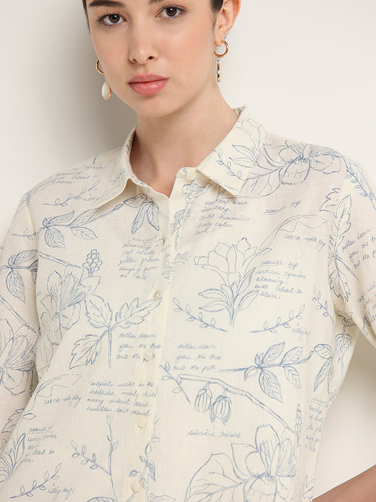 Zuba Off-White Contrast Print Blended Linen Tunic