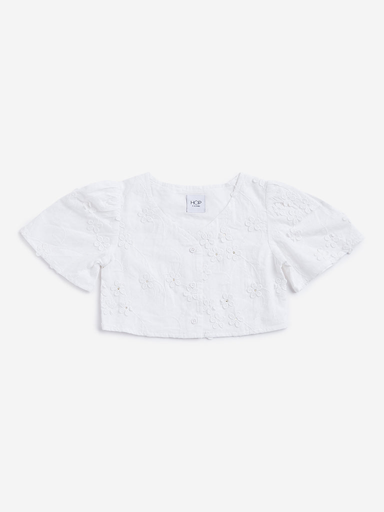 HOP Kids White Floral Embroidered Top