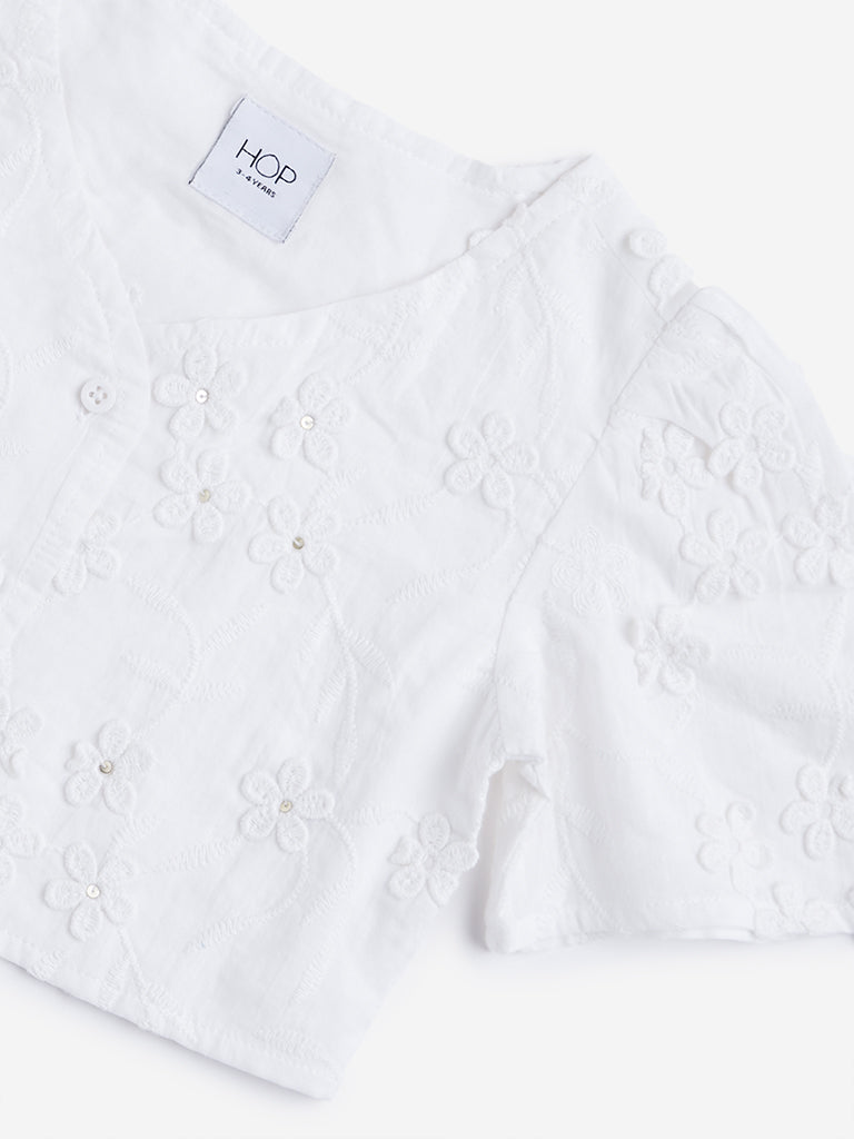 HOP Kids White Floral Embroidered Top