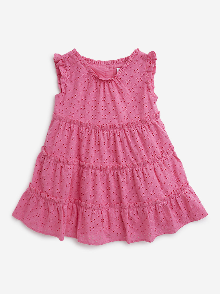 HOP Kids Pink Schiffli Detailed Tiered Dress