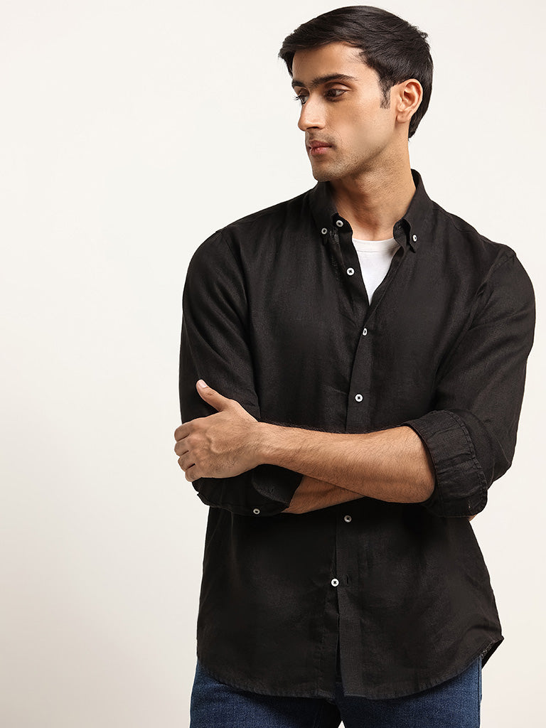 Ascot Black Solid Relaxed Fit Linen Shirt