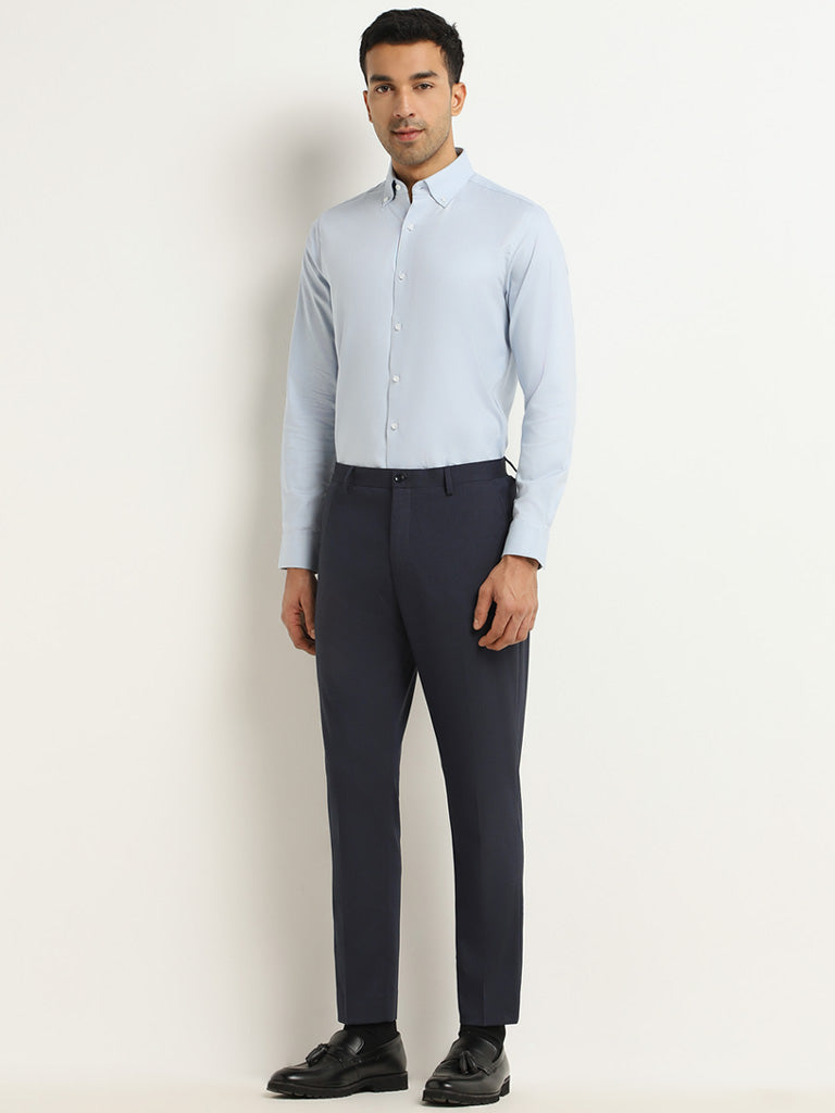 WES Formals Blue Cotton Blend Slim-Fit Shirt