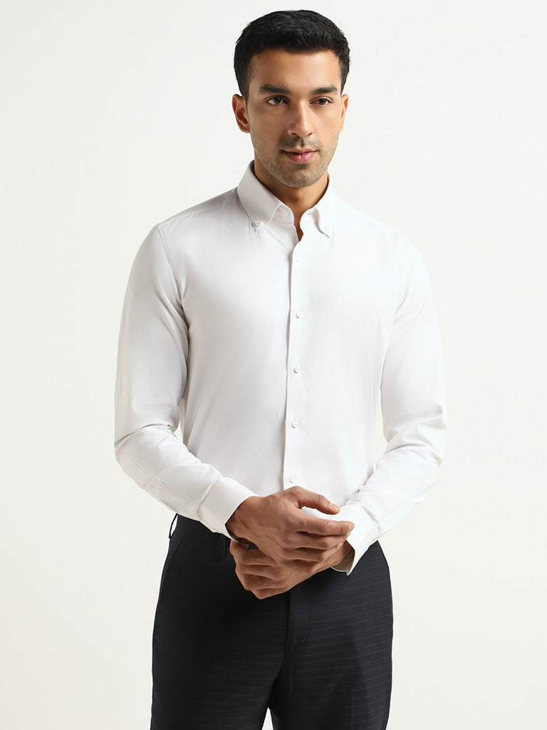 WES Formals White Cotton Blend Slim-Fit Shirt