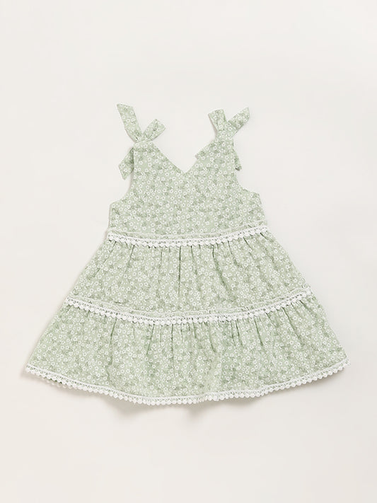 HOP Baby Green Printed Tiered Dress