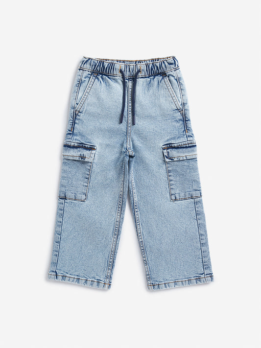HOP Kids Blue Washed Mid Rise Relaxed Fit Jeans