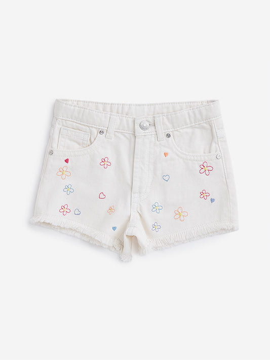 HOP Kids Off-White Floral Design Denim Shorts