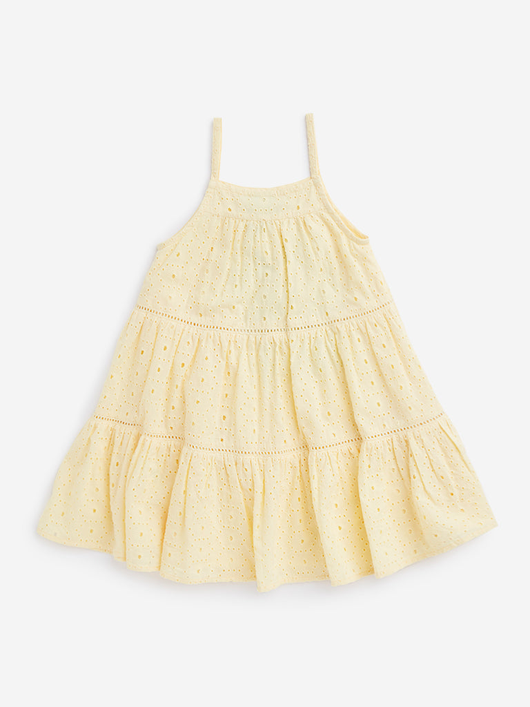 HOP Kids Yellow Schiffli Detailed Tiered Dress