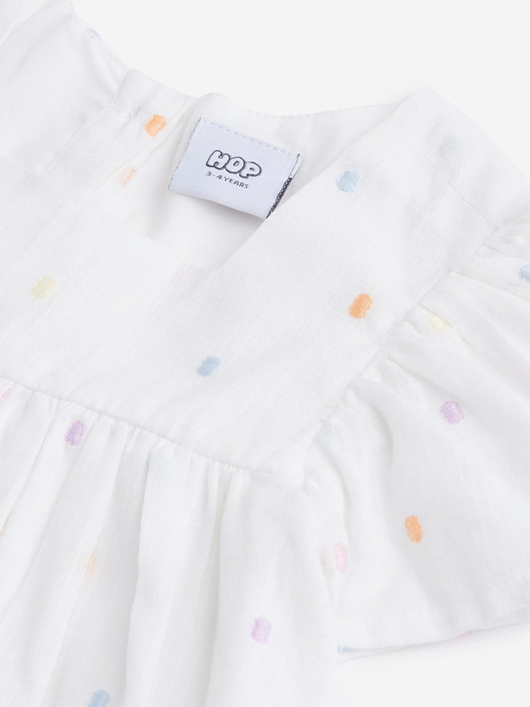 HOP Kids Off-White Embroidered Spotted Dress