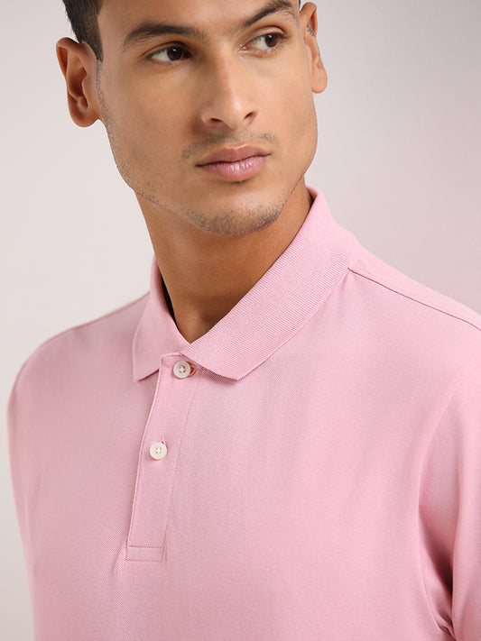 WES Casuals Pink Cotton Blend Relaxed Fit Polo T-Shirt