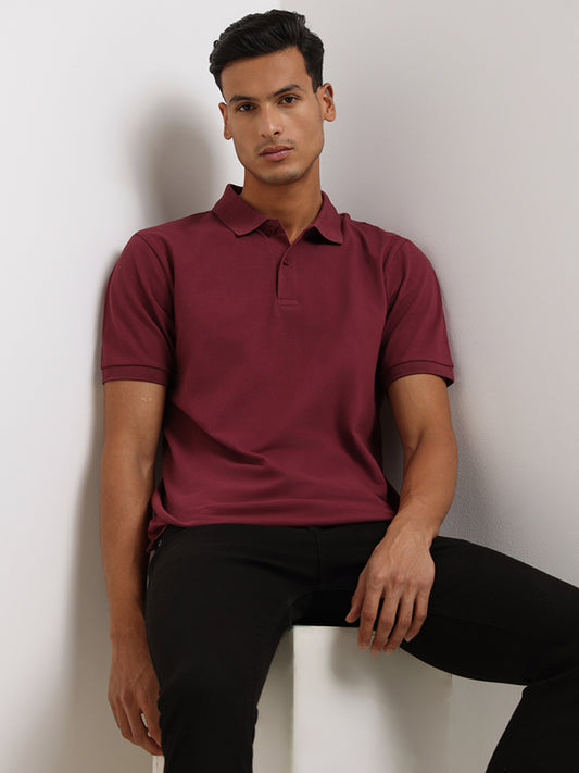 WES Casuals Burgundy Relaxed Fit Polo T-Shirt