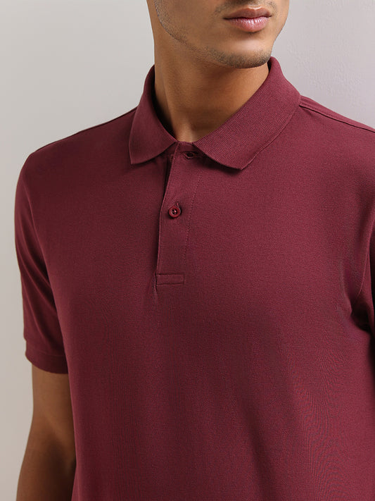 WES Casuals Burgundy Cotton Blend Relaxed Fit Polo T-Shirt