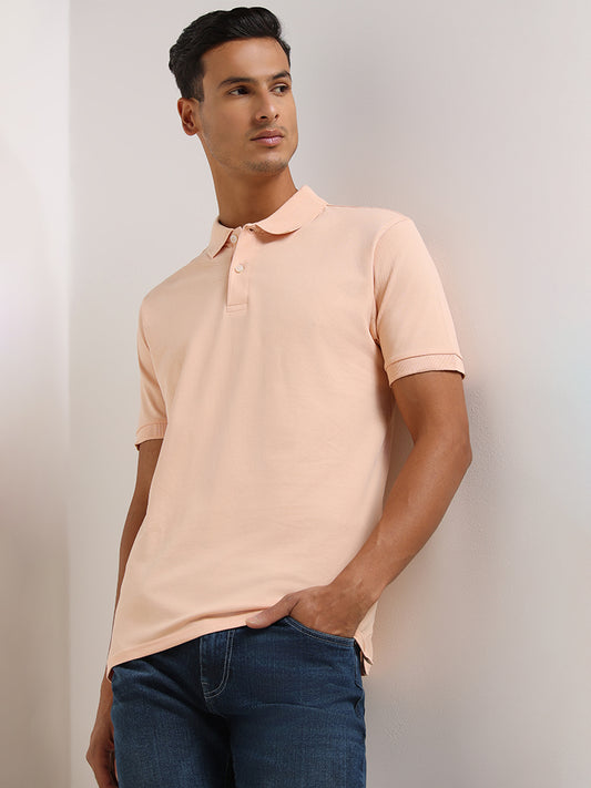 WES Casuals Peach Cotton Blend Relaxed Fit Polo T-Shirt