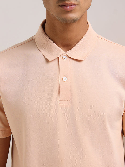 WES Casuals Peach Cotton Blend Relaxed Fit Polo T-Shirt